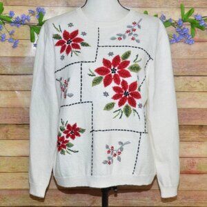 Beautiful Alfred Dunner Ladies Embroidered Christmas Poinsettia Flower Sweater L